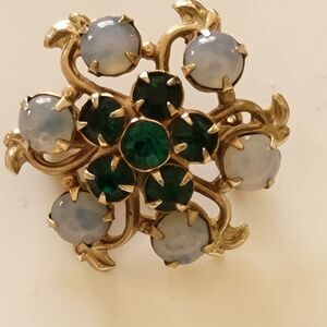 Vintage Gold Tone Scroll Brooch Pin with Faux Opals and Emeralds - Mini